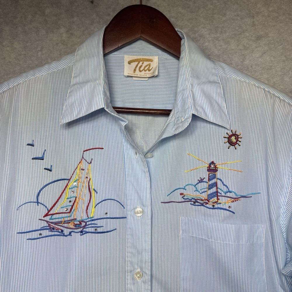 Vintage 80s Tia Designs Shirt M Pompano Beach Fl Blue White Stripe Nautical Sail